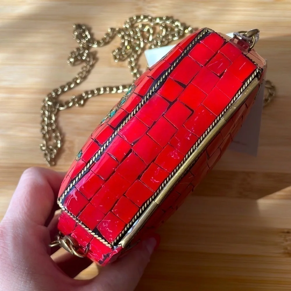 Brand New Antik Kraft Handcrafted India Small Metal Clutch Red Berry Chain Purse